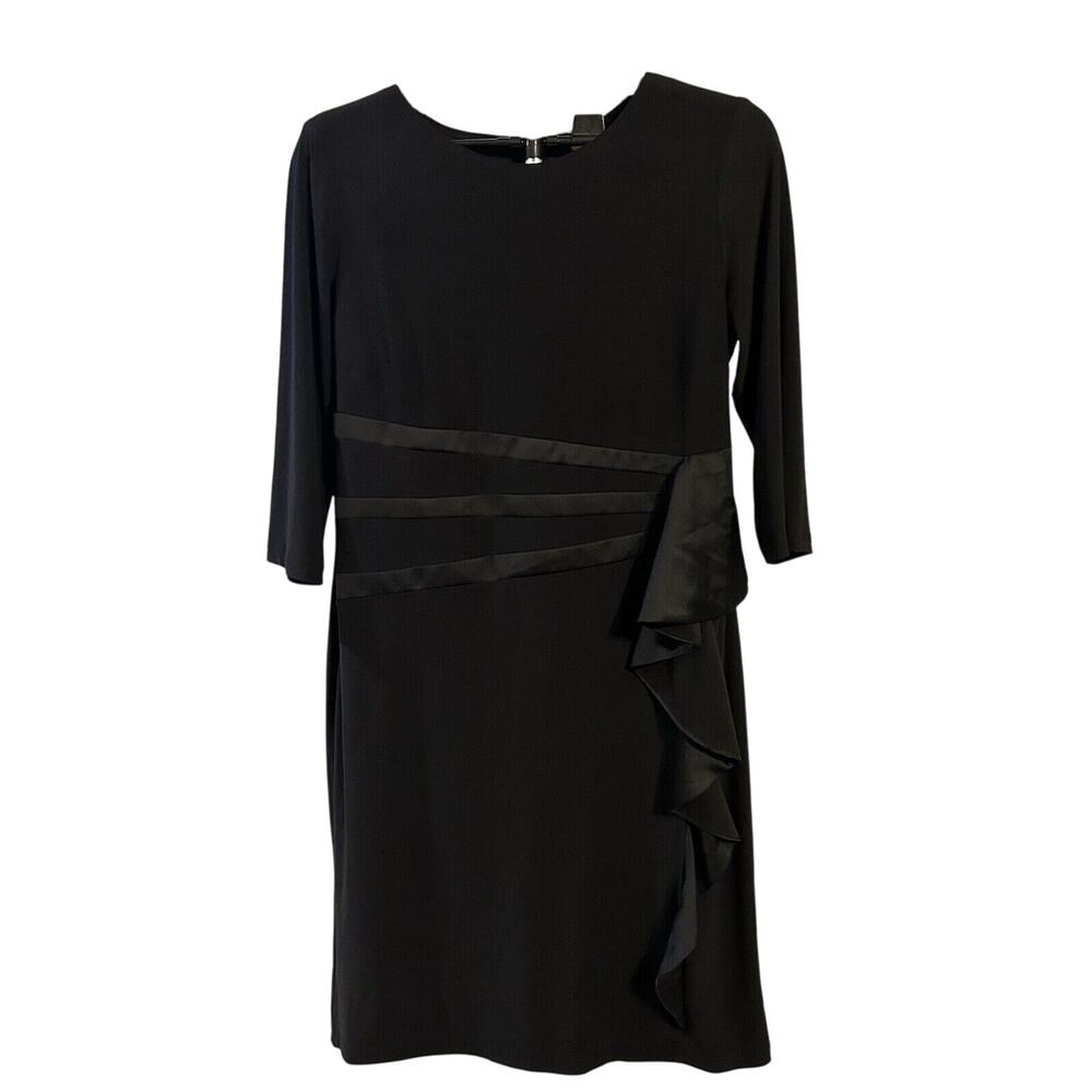 NWT R & M Richards Women's size 12 Black Ruffled Satin Jersey Dress